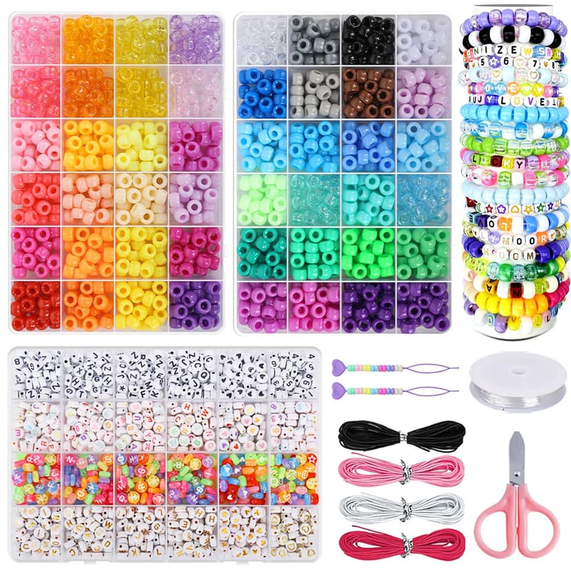 LYMOOR 1900 Pony Beads, Kandi Colourful Beads for Bracelets Set, 1000 Alphabet Beads Jewellery, 20 m Elastic Cord, Large Hole Beads for Threading, DIY Necklaces, Bracelets, Make Your Own Gift - 1