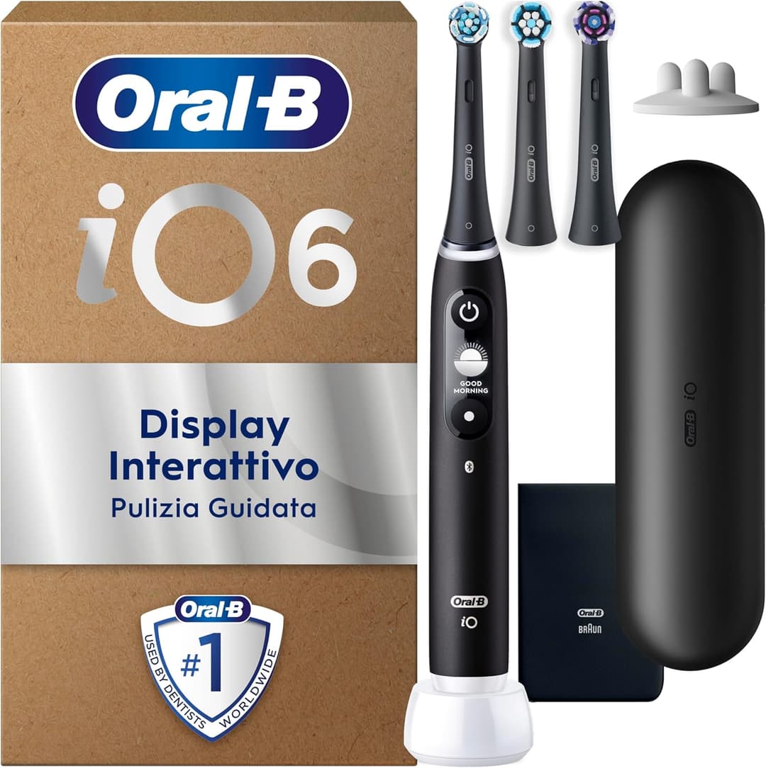 Oral-B iO 6 Spazzolino Elettrico, 3 Testine di Ricambio, Custodia, Nero - 3 Testine di Ricambio per Spazzolino Elettrico, Ricaricabile, Custodia Viaggio, Sensore di Pressione, Pulizia Denti Efficace