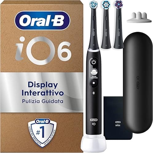 Oral-B iO 6 Spazzolino Elettrico, 3 Testine di Ricambio, Custodia, Nero - 3 Testine di Ricambio per Spazzolino Elettrico, Ricaricabile, Custodia Viaggio, Sensore di Pressione, Pulizia Denti Efficace