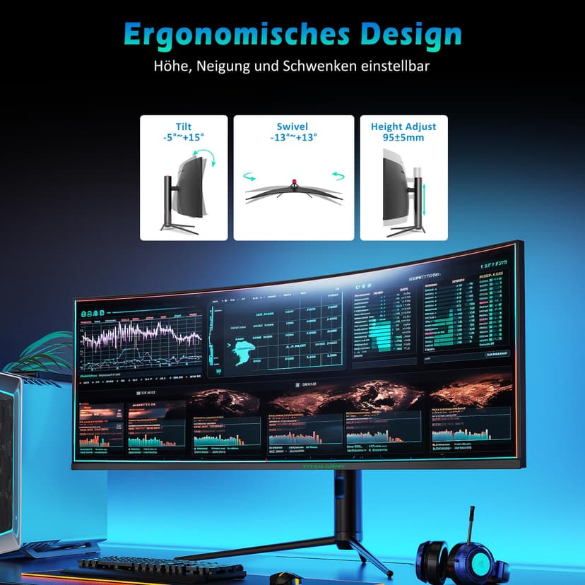 TITAN ARMY 49 Inch Curved Gaming Screen 144Hz, DFHD 3840 x 1080, Ultrawide 1800R VA Gaming Screen, 32:9, HDR400, G-Sync & FreeSync, 99% sRGB, USB Type-C 65W, Height Adjustable, HDMI, DP, C49SHC - 8