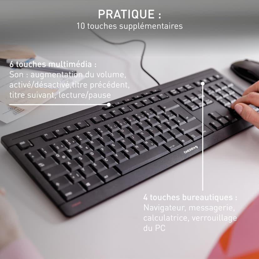 CHERRY STREAM KEYBOARD, Wired Keyboard, Belgian Layout (AZERTY), Whisper-Quiet Keystrokes, Unique Typing Experience, Flat Design, Black - 3