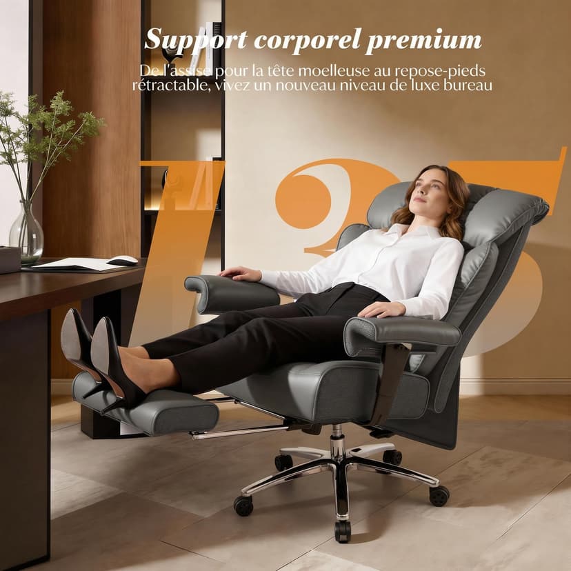 Efomao Sedia da Ufficio Ergonomica, Poltrona Direzionale in Ecopelle PU con Poggiapiedi Estraibile, Sedia da Scrivania Reclinabile con Imbottitura Spessa, Supporto Lombare, Portata 200kg (grigio) - 5