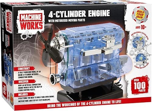 Machine Works - Build Your Own 4-Cylinder Petrol Car Engine Replica Model Building Kit - Features Real Sounds and Illumination, 100+ Pieces, 8+ Years