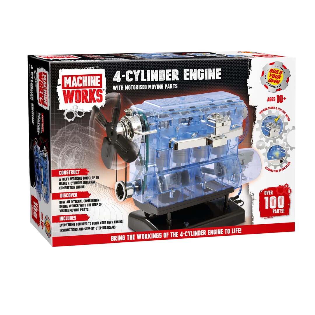Machine Works - Build Your Own 4-Cylinder Petrol Car Engine Replica Model Building Kit - Features Real Sounds and Illumination, 100+ Pieces, 8+ Years