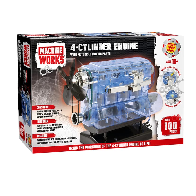 Machine Works - Build Your Own 4-Cylinder Petrol Car Engine Replica Model Building Kit - Features Real Sounds and Illumination, 100+ Pieces, 8+ Years - 1