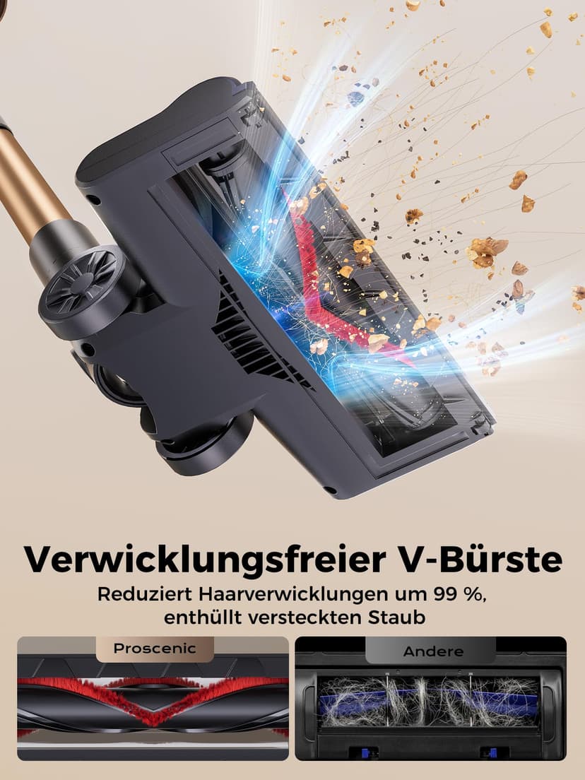 Proscenic P11 Ultra+ Cordless Vacuum Cleaner, 50 KPa 50 Mins 500 W Powerful Cordless Vacuum Cleaner, Anti-Tangle Brush, Lightweight Telescopic Vacuum Cleaner for Carpets, Animal Hair, Hard Floor and - 5