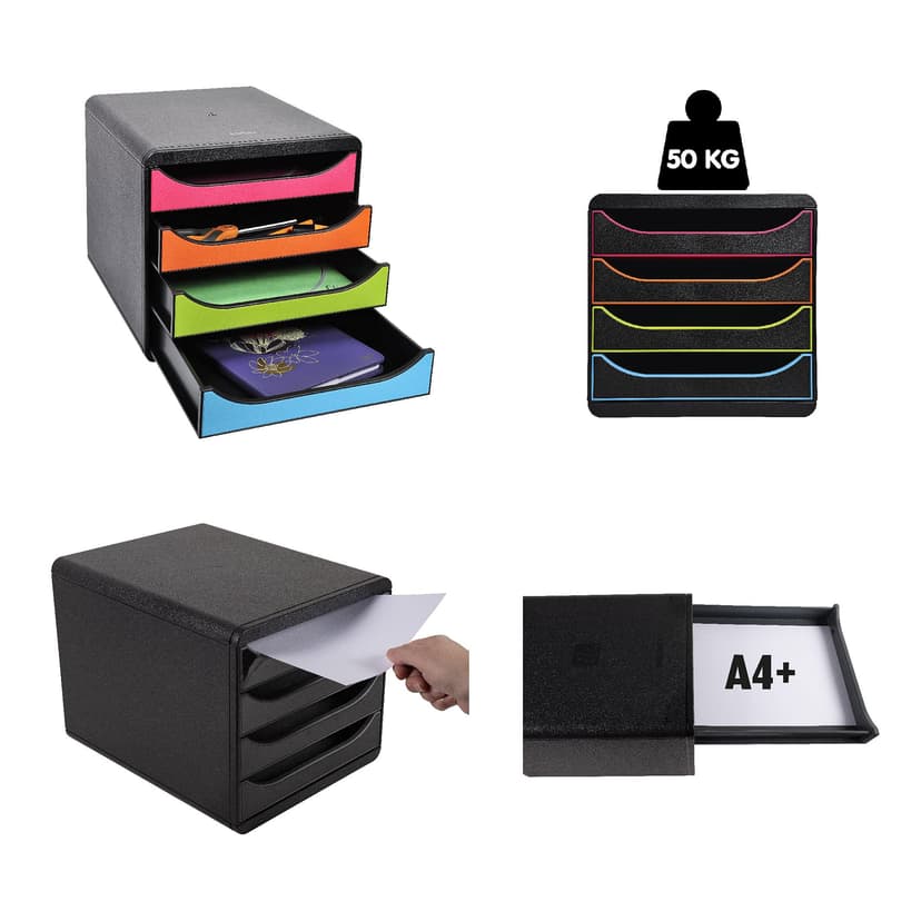 Exacompta - Ref 310498D - BIG-BOX Desktop Drawer Set - 4 x 55mm Drawers, Suitable for A4+ Documents, 347 x 278 x 267mm, 100% Recycled Plastic - Black/Harlequin - 3