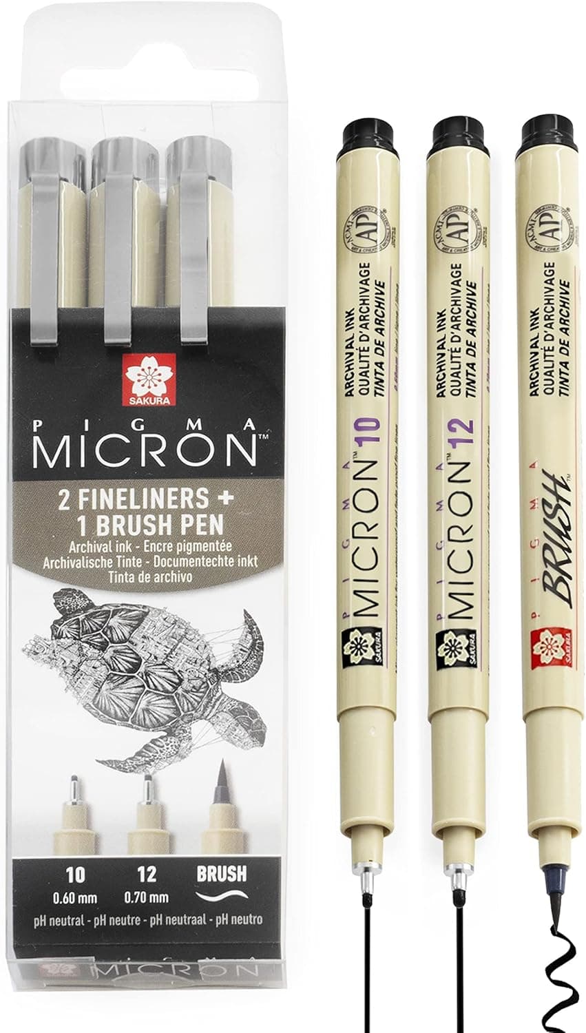 Sakura Pigma Micron 10/12/Brush Fine Point Pen - Black Ink (Pack of 3)