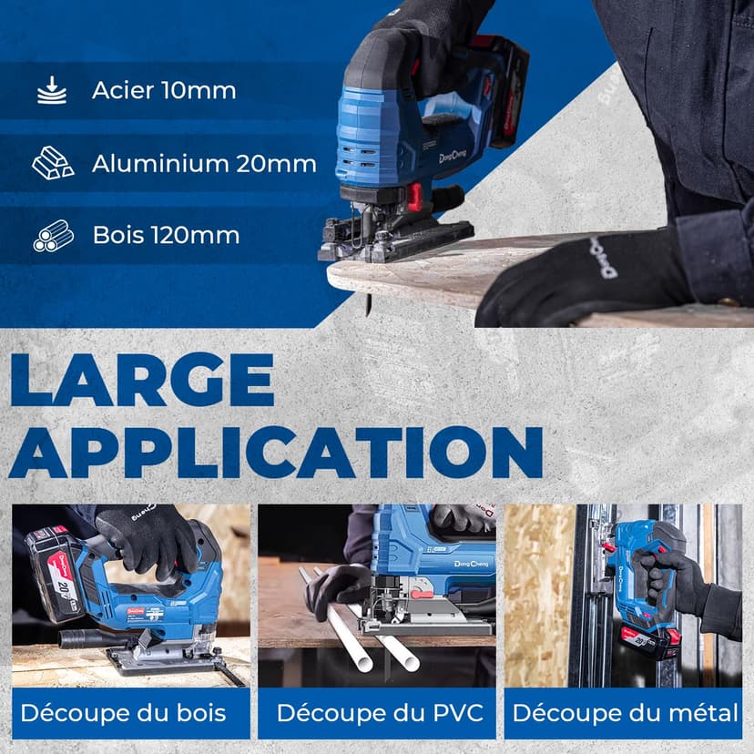 Dong Cheng Scie Sauteuse Sans Fil 18V Sans Balais, Scie Sabre Pendulaire course de 26 mm, 6 Vitesses, Coupe Biseau 0-45°, Double LED & Souffleur - Avec Batterie 4Ah, 6 Lames, Chargeur et Caisse Pro - 5