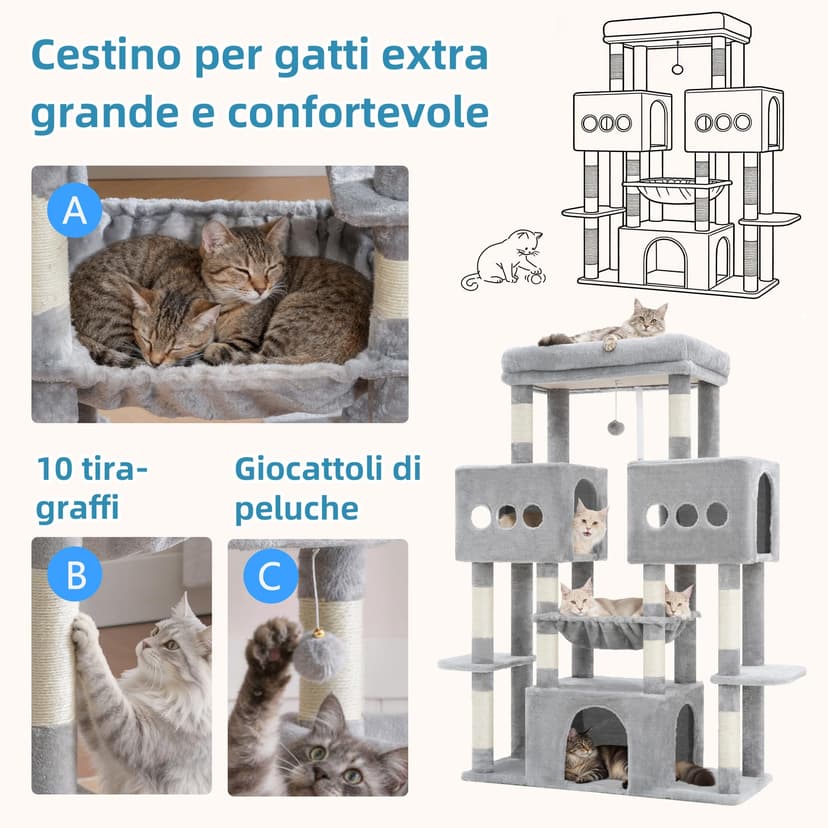 Hey-brother Arbre à Chat, Tour de Jeux Multiniveaux 144cm pour Maine Coon, avec 3 Grandes grottes, Plateformes spacieuses, Niche Confortable et Balle Peluche Suspendue, Gris Clair MPJ083W - 5