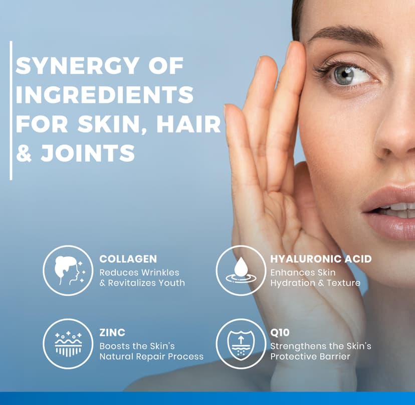 Collagen and Hyaluronic Acid 180 Tablets, 2000mg Hydrolyzed Collagen Quality COLLinstant with Biotin, CoQ10, Zinc, Selenium, Vitamin C & D, Collagen Supplements for Women and Men, Skin, Bones, Joints - 3