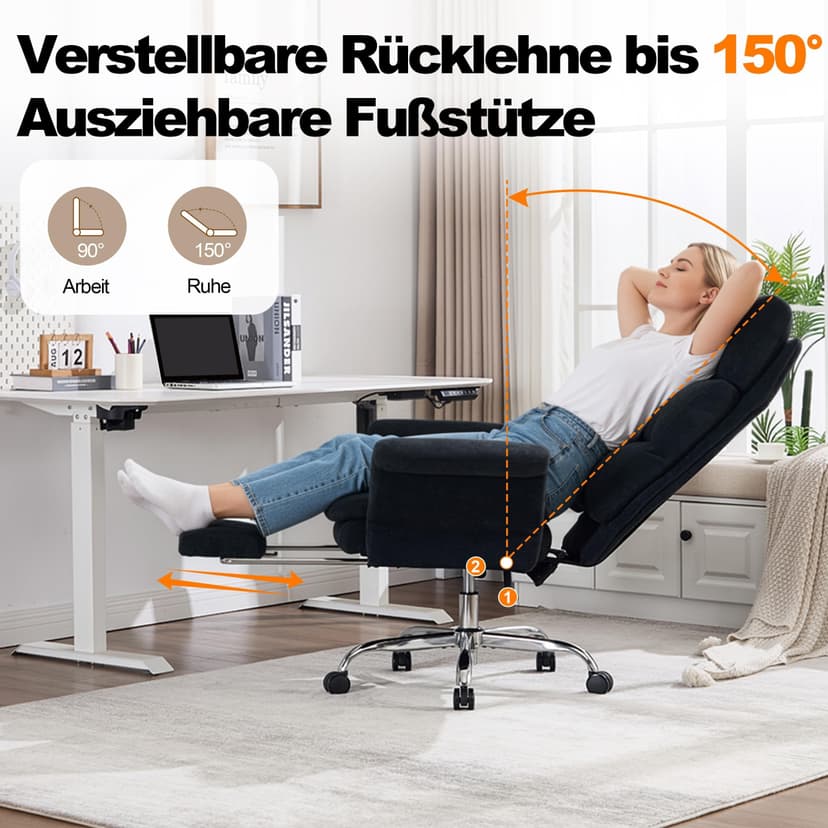 UEV Ergonomic Office Chair with Footrest up to 226 kg, Folding Armrests, Thick Seat Padding, Adjustable Headrest, Desk Chair for Tailor Seat, Computer Chair, Swivel Chair, Home Office, Black - 4