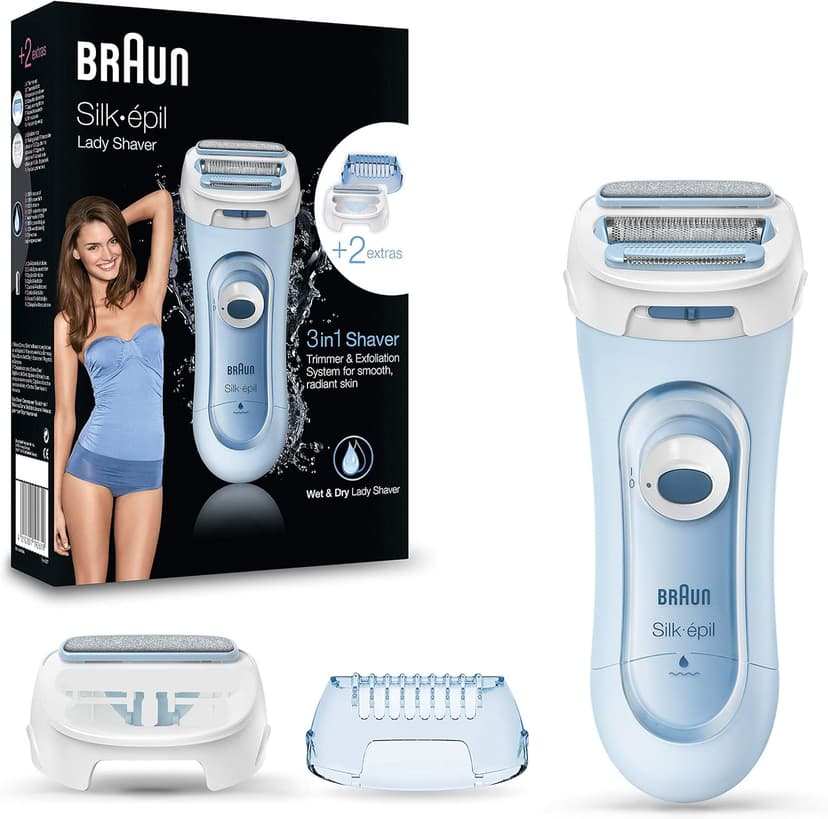 Braun Silk-pil 5 Lady Shaver, 3-in-1 Electric Shaver, Trimmer and Exfoliation System, Wet & Dry, Includes Rechargeable Battery, UK 2 Pin Plug, 5-160, Blue - 1