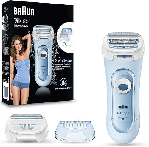 Braun Silk-pil 5 Lady Shaver, 3-in-1 Electric Shaver, Trimmer and Exfoliation System, Wet & Dry, Includes Rechargeable Battery, UK 2 Pin Plug, 5-160, Blue