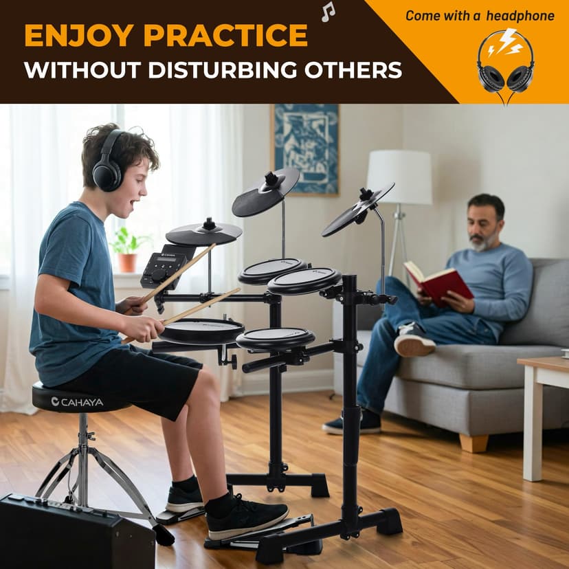 CAHAYA Batterie Électronique Kit Débutants – Avec Tabouret, Cymbales Double Déclencheur & Grosse Caisse Double Déclencheur, Peaux Maillées Silencieuses, 350 Sons, USB/MIDI & Casque, Portable - 6