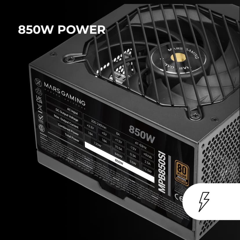 Mars Gaming MPB850SI, Alimentation PC ATX 850W, Garantie 7 Ans, 80Plus Bronze 230V, 90% d'Efficacité, Ventilateur SI Extreme Silence avec Noyau en Cuivre, Technologies AI2-RPM, DC-DC et SMD, Noir - 4