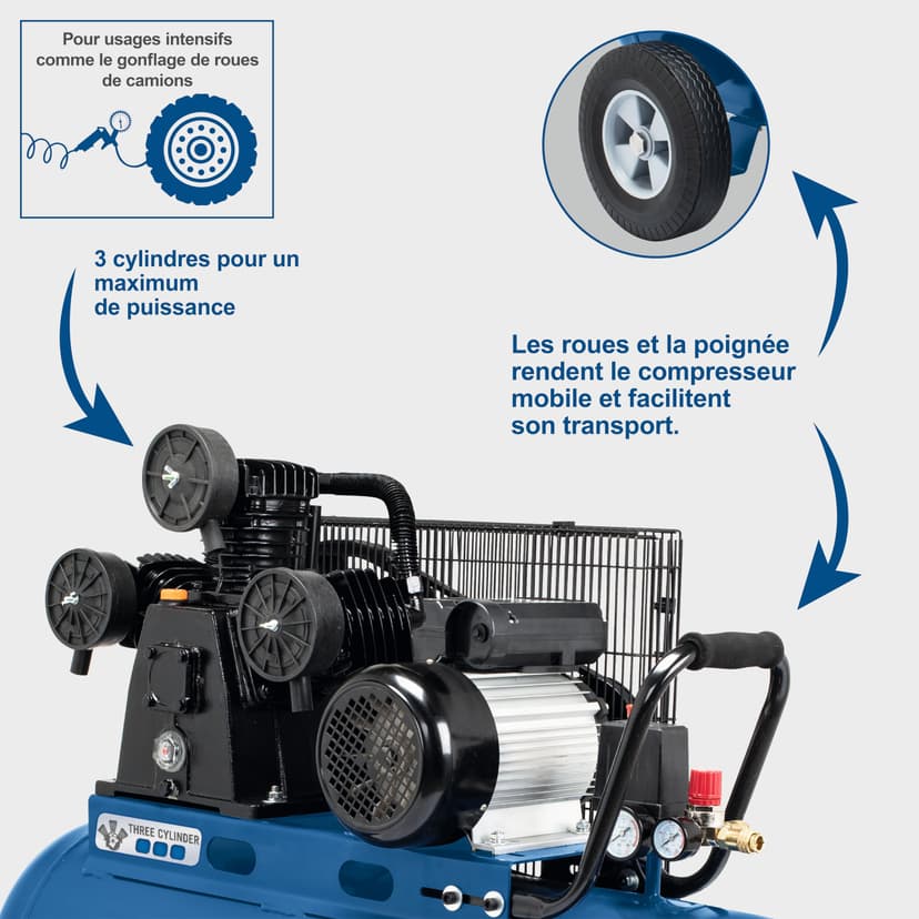 Scheppach Compresseur à air HC550TC – 400 V – 3000 W / 3 PS – Tri-cylindres – Cuve 100 L – 10 bar – Entraînement par courroie – Puissance d'aspiration 550 L/min – Transport facile - 7