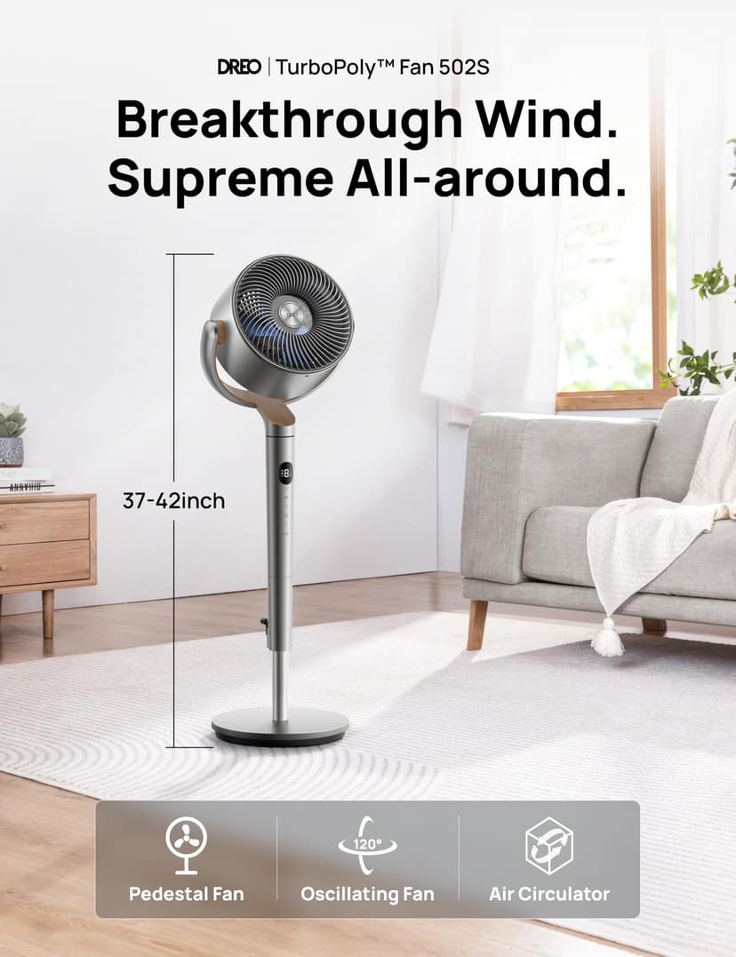 DREO Standing Fan, 120°+120° Smart Oscillating Floor Fans with Wi-Fi/Voice Control, 85 ft Fan For Bedroom, DC Motor Quiet Fans, adjustable height, 8 Speeds, 6 Modes, 12H Timer, Office, Room - 2
