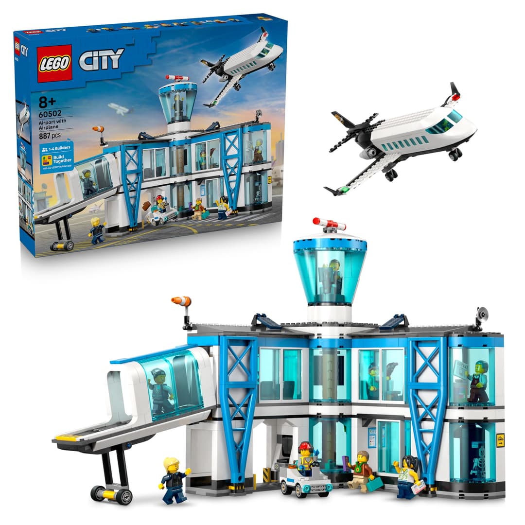 LEGO City L’Aéroport et l’Avion - Maquette Miniature avec Terminal, Avion, Remorqueur, Passerelle, 9 Minifigurines & Accessoires - Idée de Cadeau d'anniversaire pour Garçon dès 8 Ans 60502
