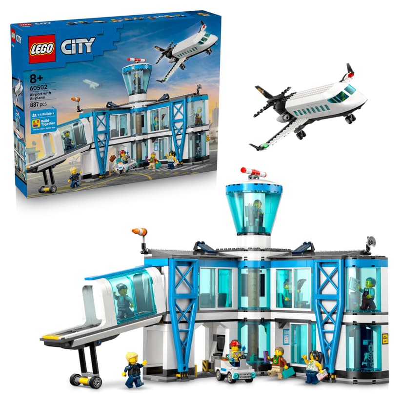 LEGO City Airport with Airplane Toy - Miniature Model Kit w/Terminal, Plane, Tug Car, Bridge, 9 Minifigures & Accessories - Birthday Gift Idea for 8+ Year Old Boys - 60502 - 1