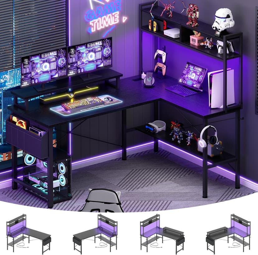 iSunirm L Shaped Gaming Desk with Power Outlets & LED Lights, Small L- Shaped Computer Corner Desk with Monitor Stand & Storage Shelf, Gaming Table with Storage Bag, Black - 7