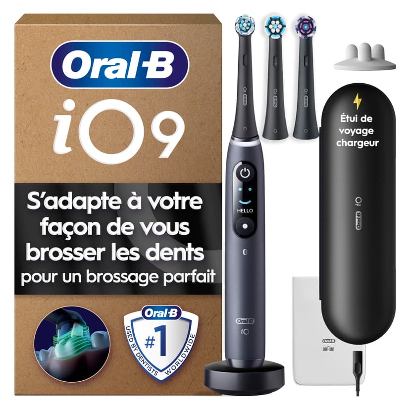 Oral-B iO9 Black Electric Toothbrush, 3 Brushes, 1 Travel Case Charger, 1 Pouch, 1 Brush Holder - 1