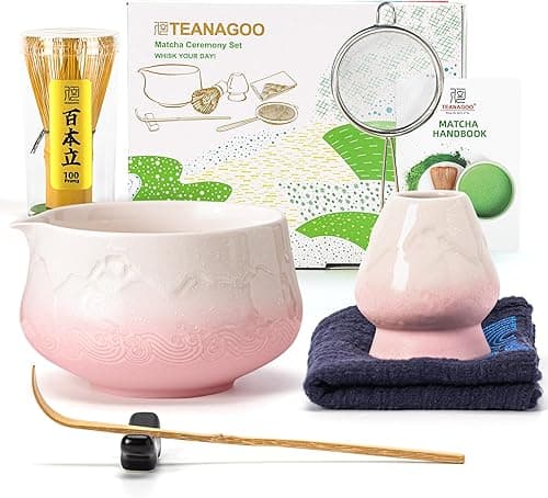 TEANAGOO 7 Pcs Matcha Set, Pink Matcha Kit, Ceremony Matcha Powder Kit,Matcha Tea Set for Making Latte,Matcha Whisk and Bowl with Scoop&Sifter,Fuji Design Ceramic Bowl,Gift for Matcha Lovers