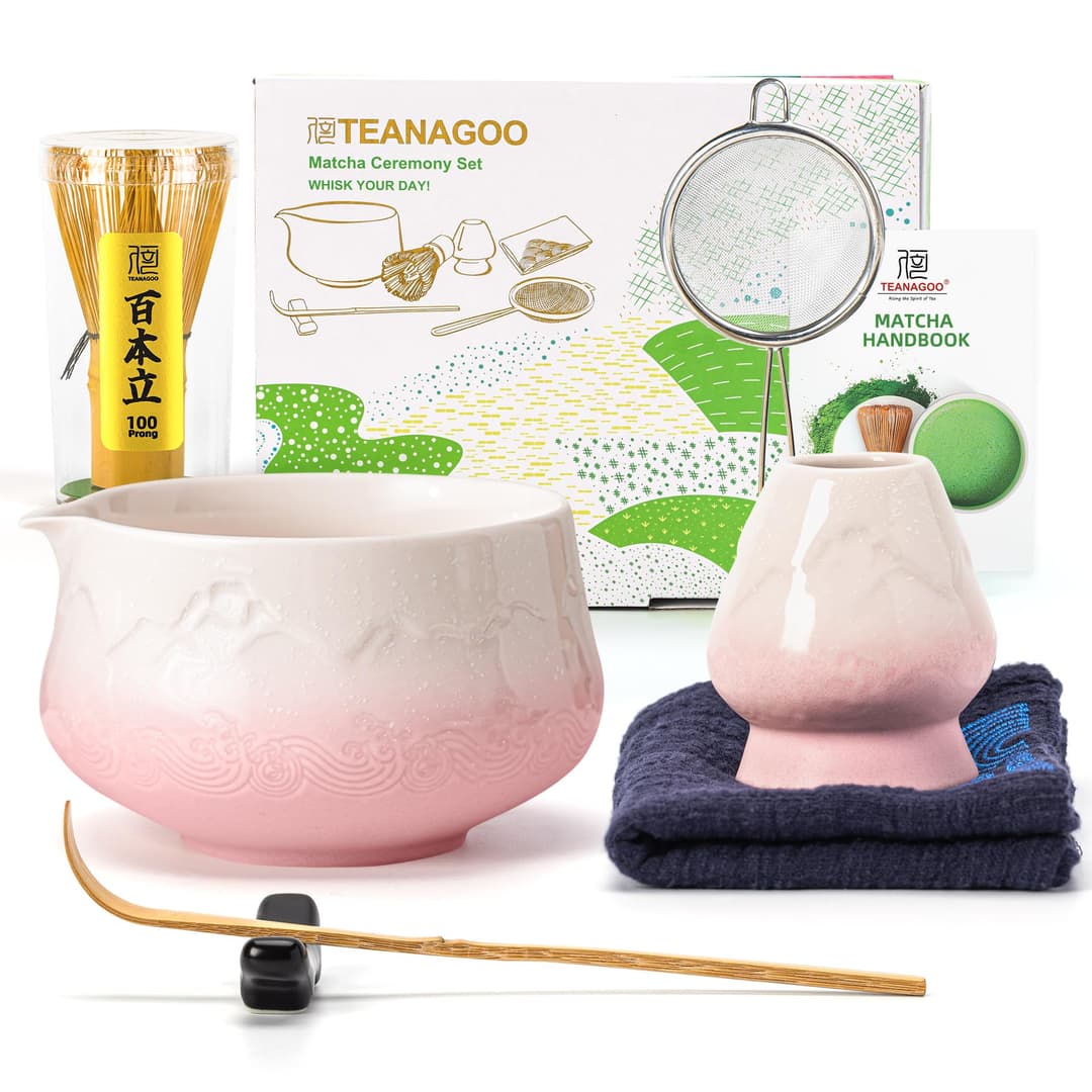 TEANAGOO 7 Pcs Matcha Set, Pink Matcha Kit, Ceremony Matcha Powder Kit,Matcha Tea Set for Making Latte,Matcha Whisk and Bowl with Scoop&Sifter,Fuji Design Ceramic Bowl,Gift for Matcha Lovers