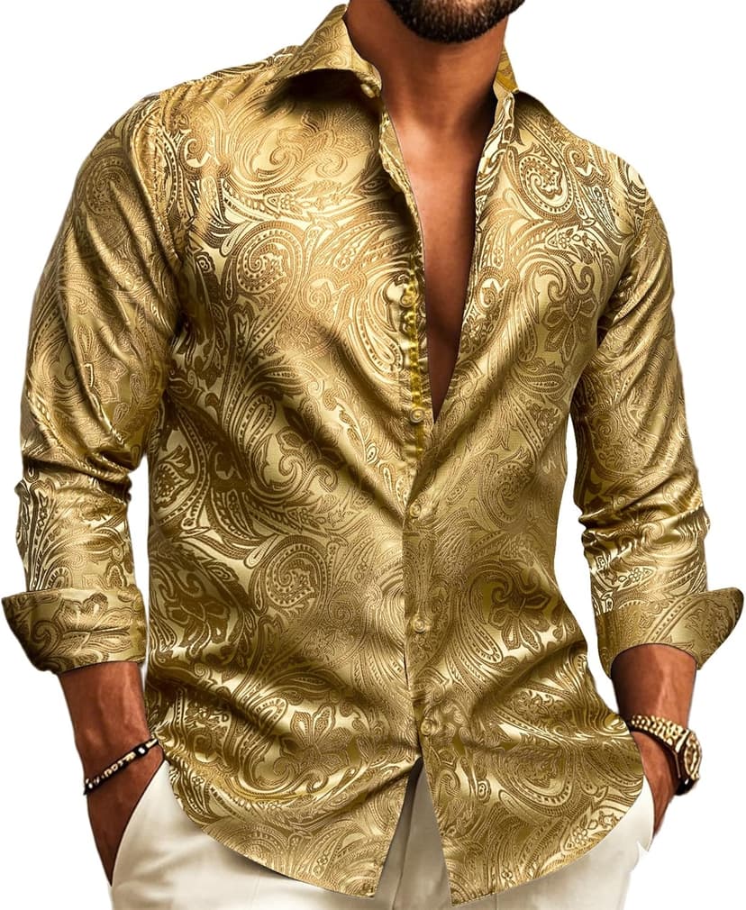 Barry.Wang Men Dress Shirt Silk Luxury Paisley Floral Long Sleeve Big and Tall Wedding Party Casual Business Formal Shirts Gold S-3XL - 1
