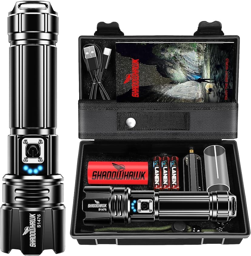 Shadowhawk Lampe Torche LED Ultra Puissante, 50,000 Lumens XHP70.2 Lampe de Poche Rechargeable, Lampe IP67 Étanche, 5 Modes D'éclairage pour Camping Randonnée Urgence - 1