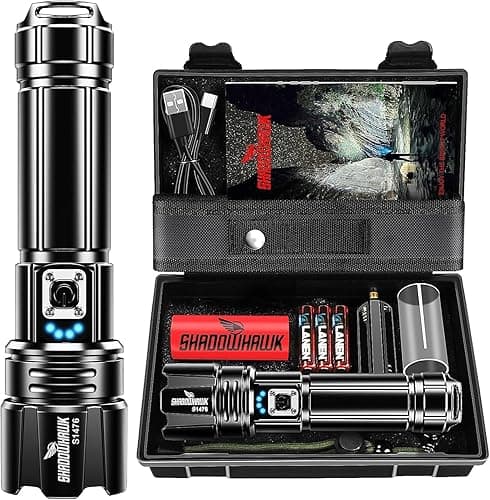 Shadowhawk Lampe Torche LED Ultra Puissante, 50,000 Lumens XHP70.2 Lampe de Poche Rechargeable, Lampe IP67 Étanche, 5 Modes D'éclairage pour Camping Randonnée Urgence