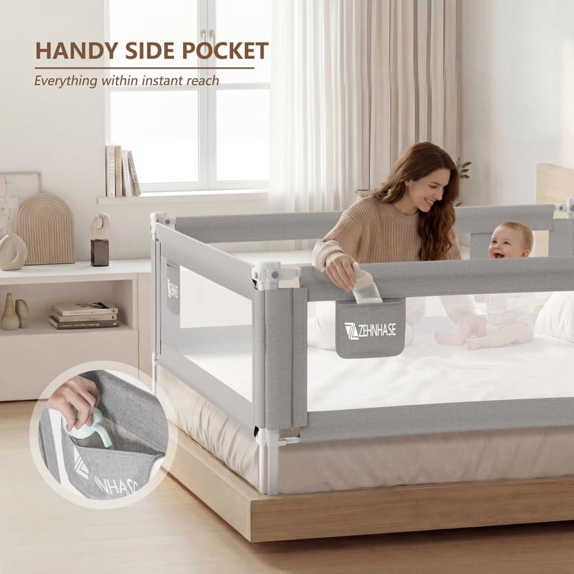 Baby Bed Barrier 140CM, Bed Rail for Children - Anti-fall, Adjustable Height, Easy Installation, Grey, 1pc - 6