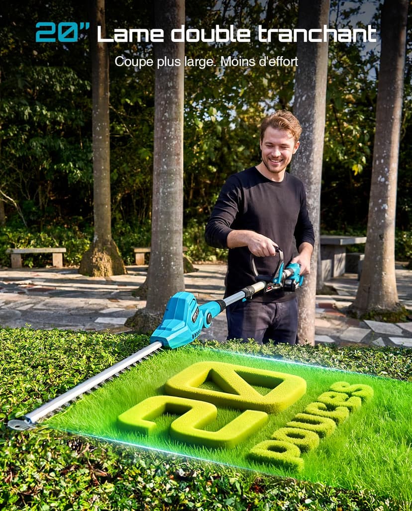 SEESII Telescopic Hedge Trimmer Battery 20 Inches, Lightweight 3.9 kg for Elderly and Women, 4.4 m Reach, 600 W Motor with 2 x 4.0Ah Batteries, Adjustable Head 135°, Electric Hedge Trimmer for High - 2