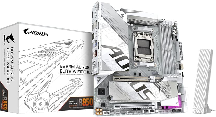 Gigabyte B850M AORUS ELITE WIFI6E ICE Motherboard- AMD Ryzen 9000 Series CPUs, 12+2+1 Phases Digital VRM, up to 8200MHz DDR5 (OC), 1xPCIe 5.0 + 1xPCIe 4.0 M.2, 2.5LAN, WIFI 7, USB 3.2 Gen 2 - 1