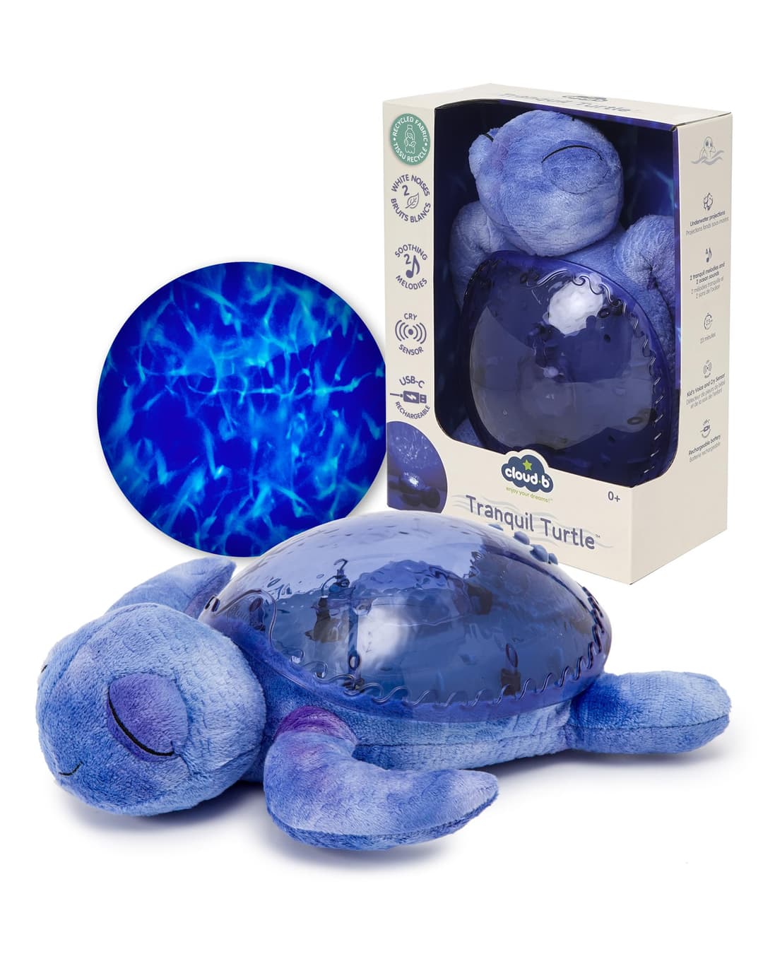 Cloud b Baby Ocean Projector Night Light | 2 White Noises + 2 Soothing Sounds | Adjustable Light + Auto Stop | Recycled Fabric | Tranquil Turtle Ocean (Rechargeable)
