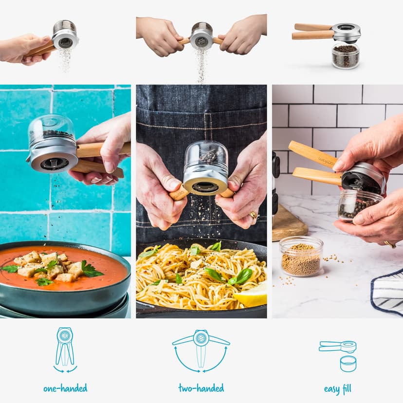 Dreamfarm Ortwo Original Ergonomic 1-or-2-Handed Re-Fillable Pepper, Spice, Seed, Coffee Mill with 6 Grind Settings - 2oz Wood - 4