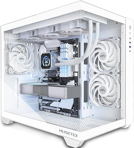 MUSETEX ATX PC Case, 360 mm Wheel Support, Type-C Gaming, 270° Full View Tempered Glass Mid Tower, 3 Non-LED Fans Pre-installed, Pure White Computer Case, Y6