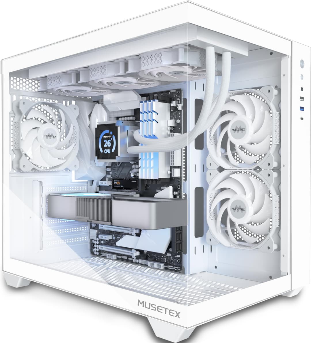 MUSETEX ATX PC Case, 360 mm Wheel Support, Type-C Gaming, 270° Full View Tempered Glass Mid Tower, 3 Non-LED Fans Pre-installed, Pure White Computer Case, Y6