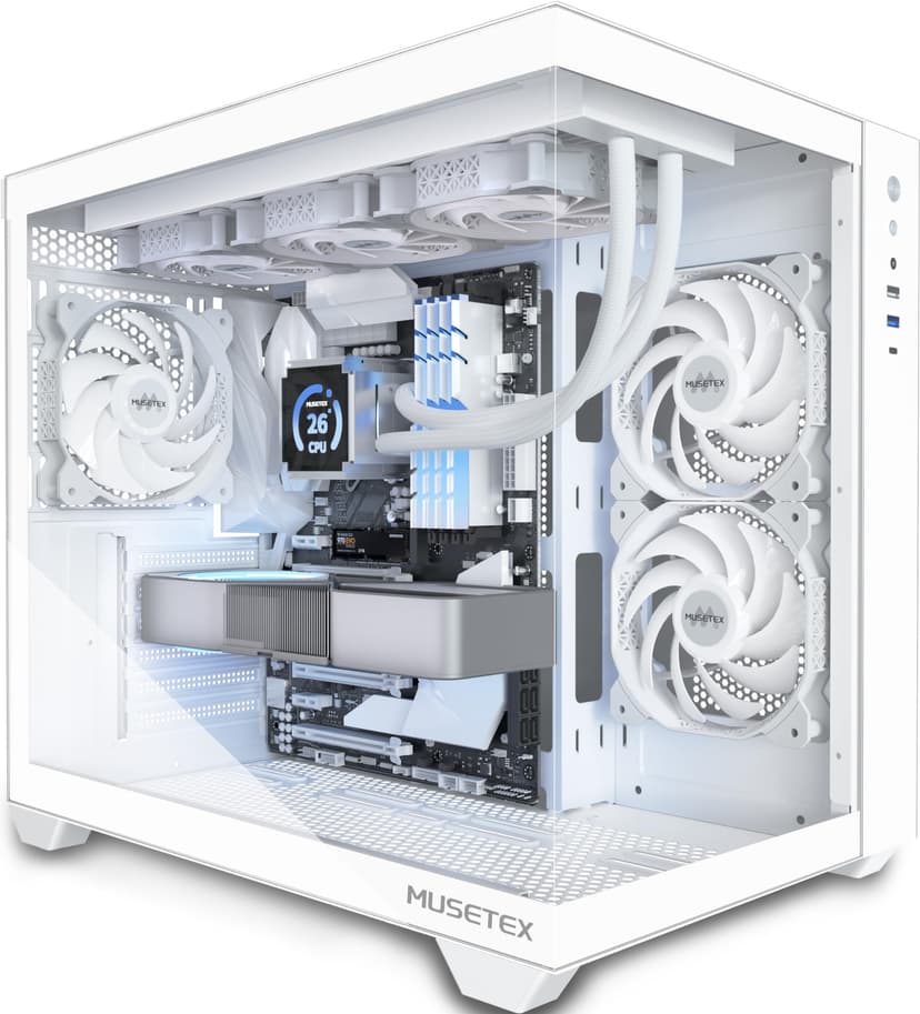 MUSETEX ATX PC Case, 360 mm Wheel Support, Type-C Gaming, 270° Full View Tempered Glass Mid Tower, 3 Non-LED Fans Pre-installed, Pure White Computer Case, Y6 - 1