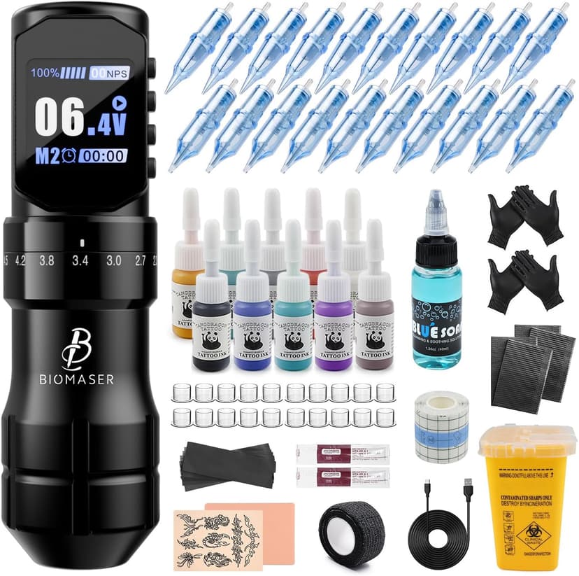 Biomaser Sans Fil Ensemble Stylo Rotatif 7 Coups Réglables Complet de Machines avec Batterie 2200mAh 20pcs Aiguilles de cartouche 4,5 mm Longueur de course Stylo LED numérique - 1