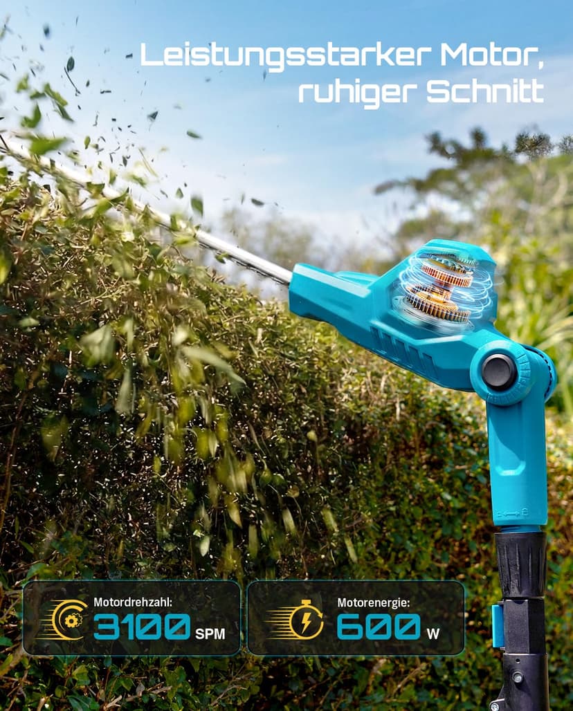 SEESII Telescopic Hedge Trimmer Battery 20 Inches, Lightweight 3.9 kg for Elderly and Women, 4.4 m Reach, 600 W Motor with 2 x 4.0Ah Batteries, Adjustable Head 135°, Electric Hedge Trimmer for High - 4