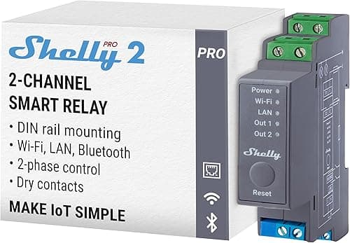 Shelly Pro 2, Wi-Fi 2-Channel Smart Relay Switch, Home Automation, Dry Contacts, Compatible with Alexa & Google Home, iOS Android App, Lights Automation, Remote Control, DIN-rail Mounting