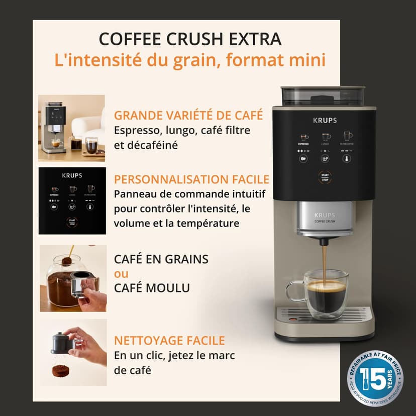 KRUPS Coffee Crush Superautomatic Coffee Maker 15 Bar 3 Coffee Recipes 3 Temperature Levels Touch Screen Compact 15 cm Wide SA402AE0 - 8
