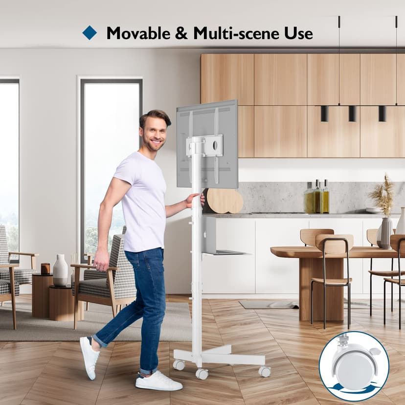 BONTEC Mobile TV Stand on Wheels, Free Standing TV Stand for 23-60 Inch LED LCD Plasma TVs, Rolling Floor TV Cart with Height Adjustable Laptop Shelf, Max VESA 400x400mm, Holds up to 25kg, white - 2