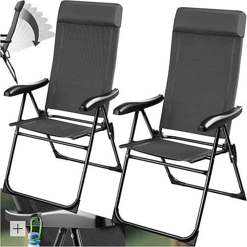 tectake® Set of 2 Folding Camping Chairs with Adjustable Backrest & Soft Head Cushion, Durable Camping Chair Set with Weather-Resistant Frame, Folding Chair Set for Travel, Garden, Patio - Anthracite