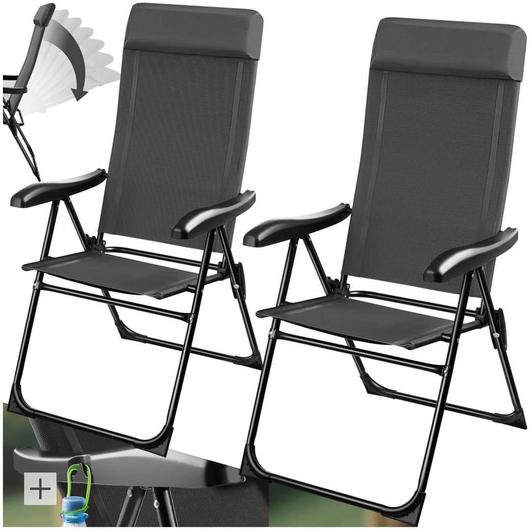 tectake® Lot de 2 Chaise Pliante Camping Fauteuil Pliable Gris Chaise de Plage Ultra léger en Aluminium avec Dossier inclinable & appuie-tête Idéal Voyages, Pêche, Festival, Camping, Plage, Jardin