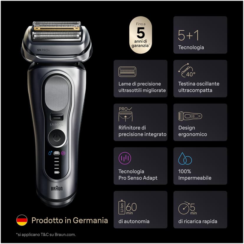 Braun Series 9 PRO+ Men's Electric Razor, 5+1 Ultra Thin Blades, Shaver with 60 Minute Battery, Charging Case, 6-in-1 SmartCare Center, Wet & Dry, Electric Shaver, Made in Germany, 9677cce, Silver - 9