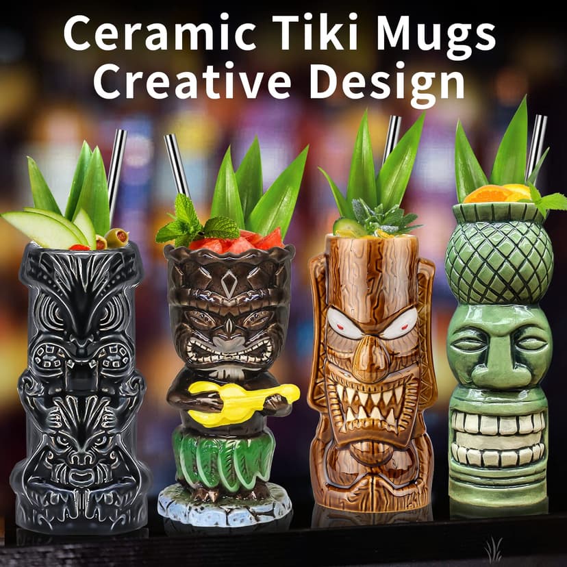 Tiki Mugs Glasses Mug for Cocktails Set of 4 Large Ceramic Tropical Cups Hawaiian Party Creative Cocktail Glass Drinks Bar Drinkware Premium Tropical Exotic Cute Barware 4 Packs - 3