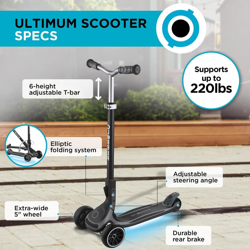 Globber Ultimum Lights, Charcoal Grey - Foldable Scooter with Lights, 3 Wheels, Adjustable Handlebar, Wide Deck, Rear Braking, 100 kg Max Weight, 2 Years Warranty - 3