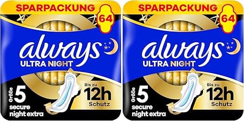 Always Ultra Binden Damen Gr. 5, Secure Night Extra, 64 Damenbinden mit Flügeln (4 x 16 Stück) Multipack, dünn und super saugfähig, geruchsneutralisierend und Auslaufschutz (Packung mit 2)